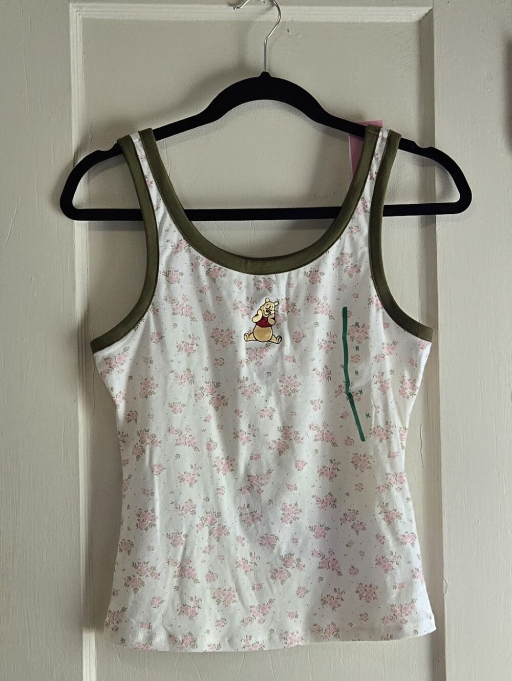 Target White Winnie The Pooh Floral Tank with Pink Flowers & Olive Trim